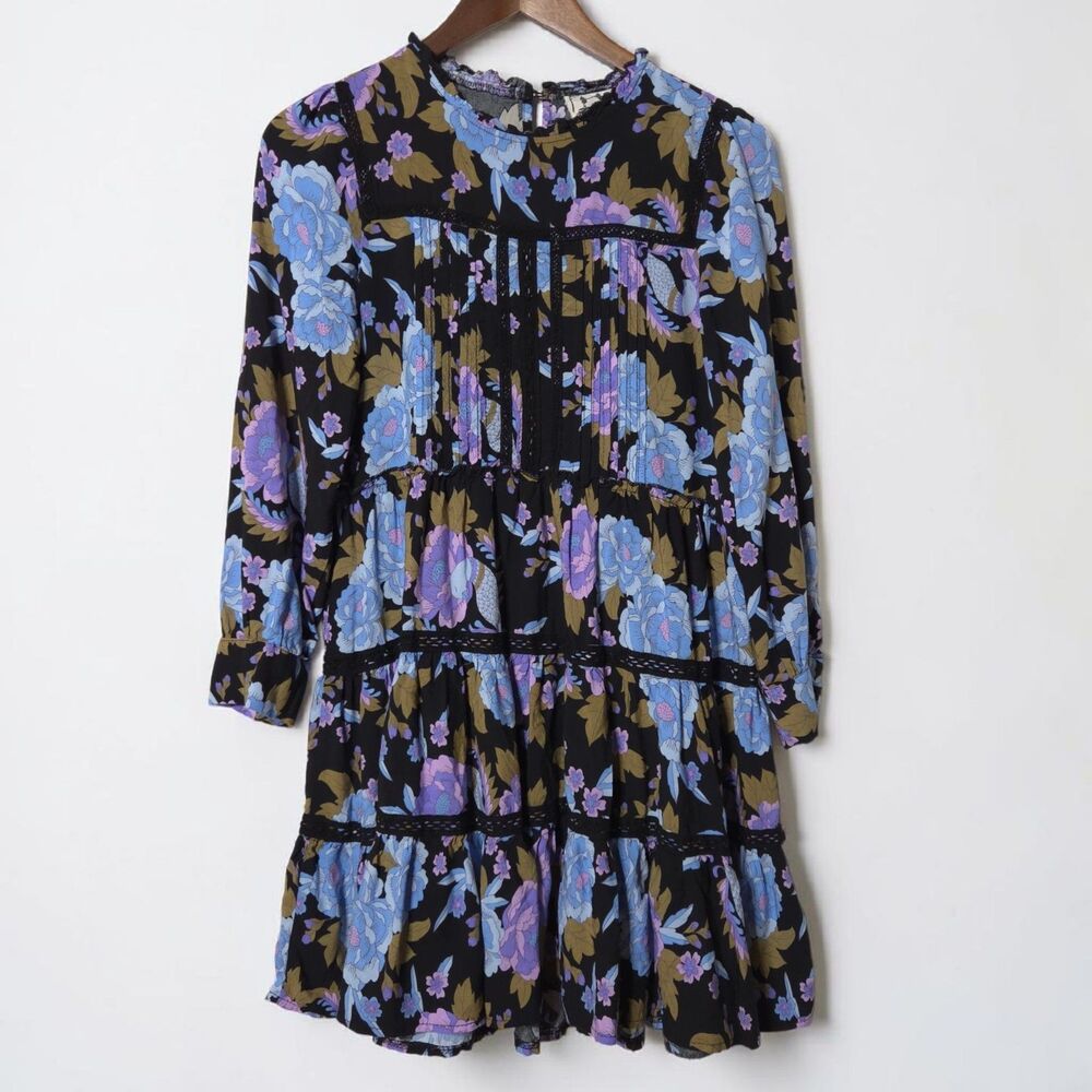 Jaase Tiered Mini Dress S Floral Lace Detail Bohemian Cottage Black Purple Women